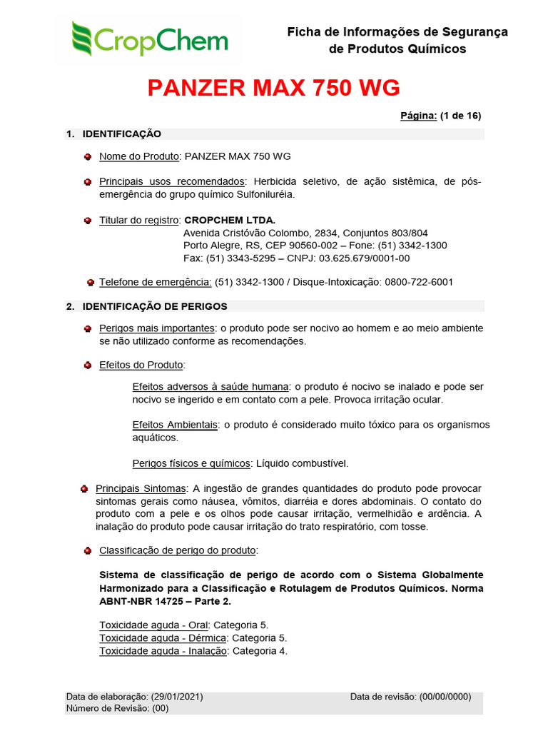 Ficha de Segurança do Herbicida Panzer Max | PDF | Primeiros socorros ...