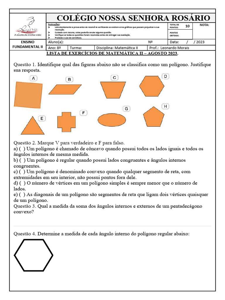 Lista de Exercícios sobre Polígonos 8º Ano | PDF