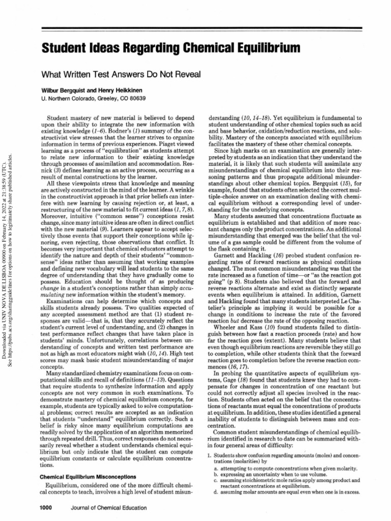 Bergquist 1990 Student Ideas Regarding Chemical Equilibrium What
