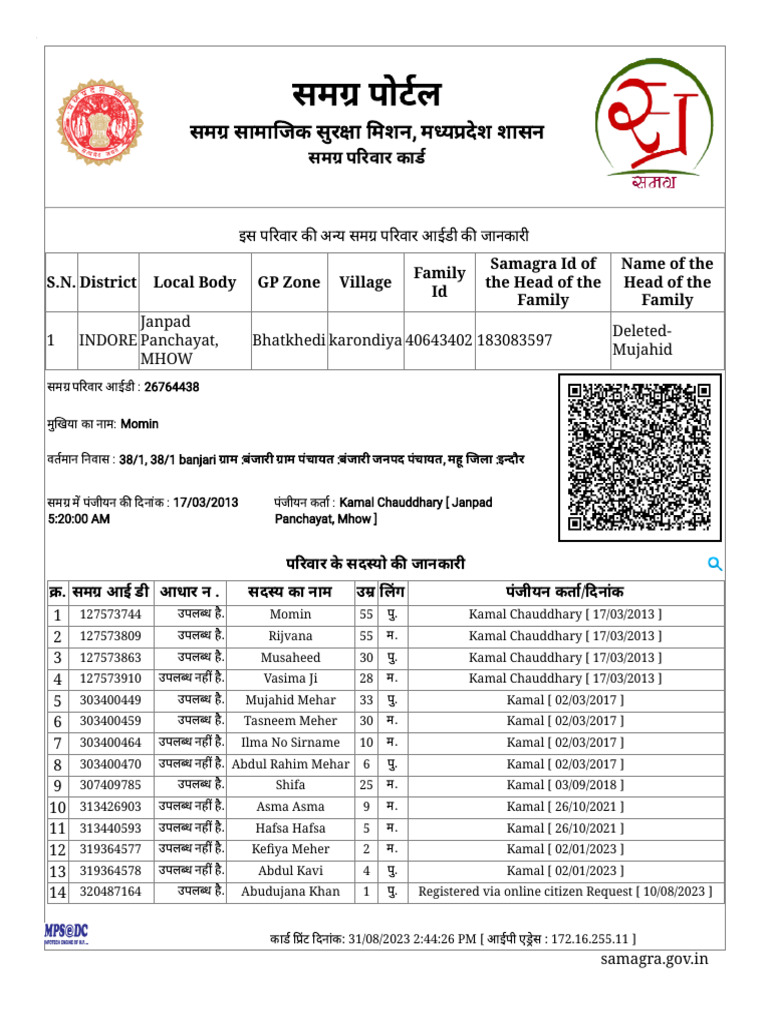s-n-district-local-body-gp-zone-village-family-id-samagra-id-of-the