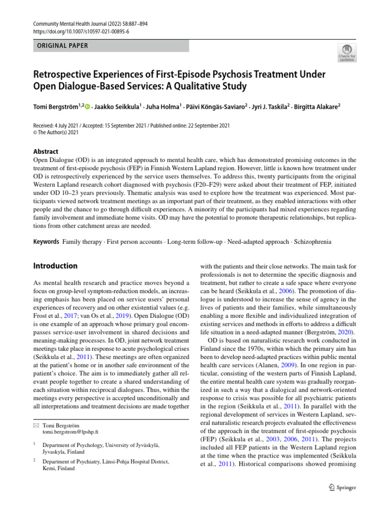 Retrospective Experiences of FirstEpisode Psychosis Treatment Under