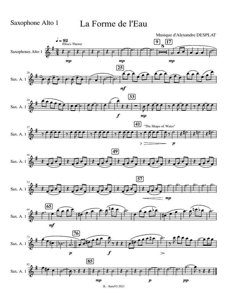 Shape of Water BandOSaxophone Alto 1 PDF Saxophone Popular Music