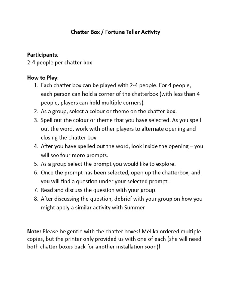 Chatter Box Fortune Teller Game Guide | PDF | Language Arts ...