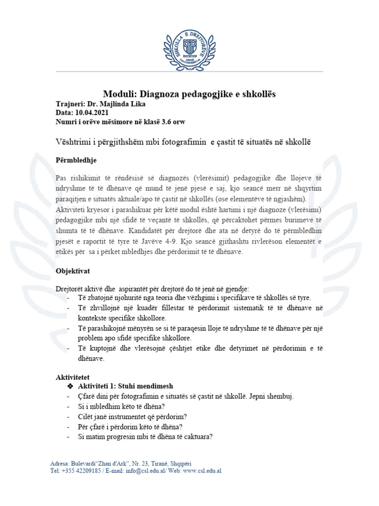 Plani Java 3. Fotografimi I Castit Te Situates Ne Shkolle b3 | PDF