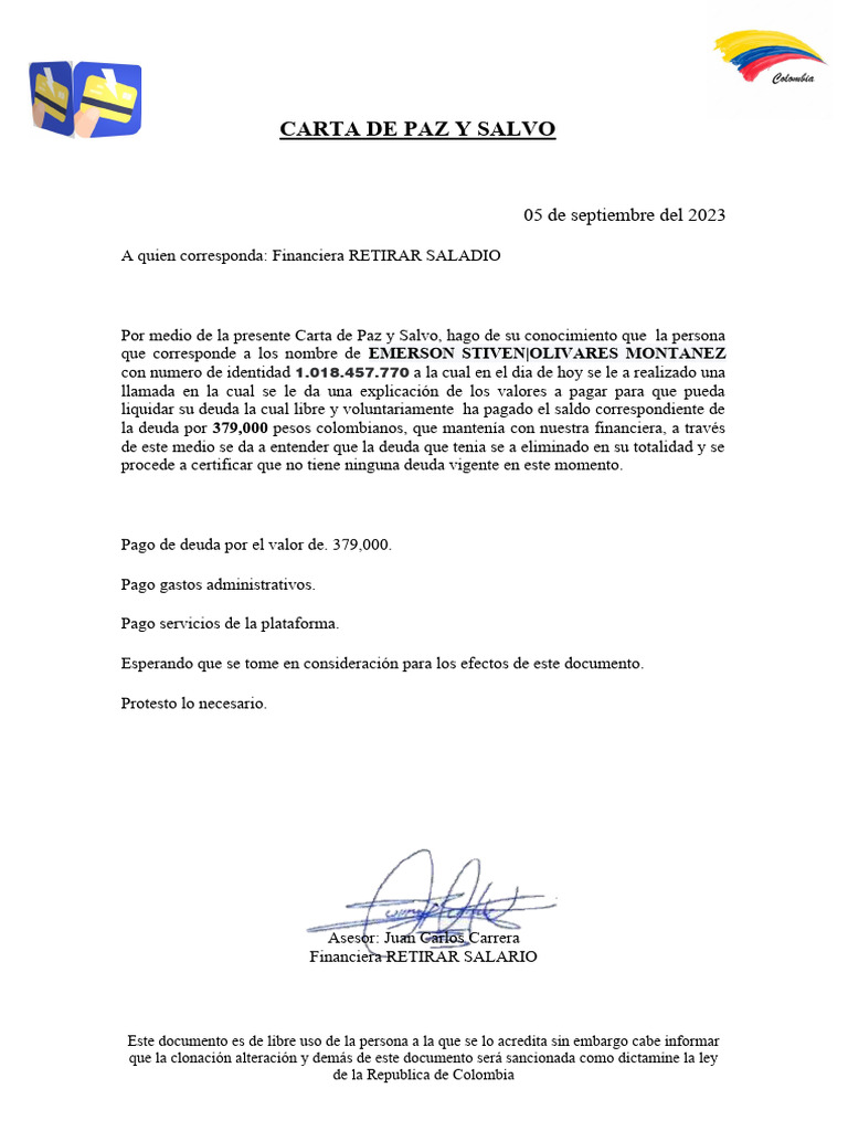 Carta de Paz y Salvo Editable | PDF | Derecho