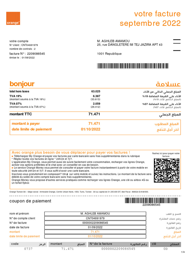 Facture Orange - Septembre 2022 | PDF | Facture | Taxe sur la valeur ...