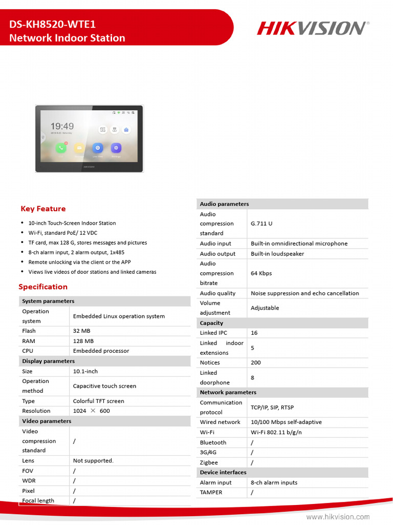 DS-KH8520-WTE1 Indoor-Station Datasheet V1.0 20230131 | PDF