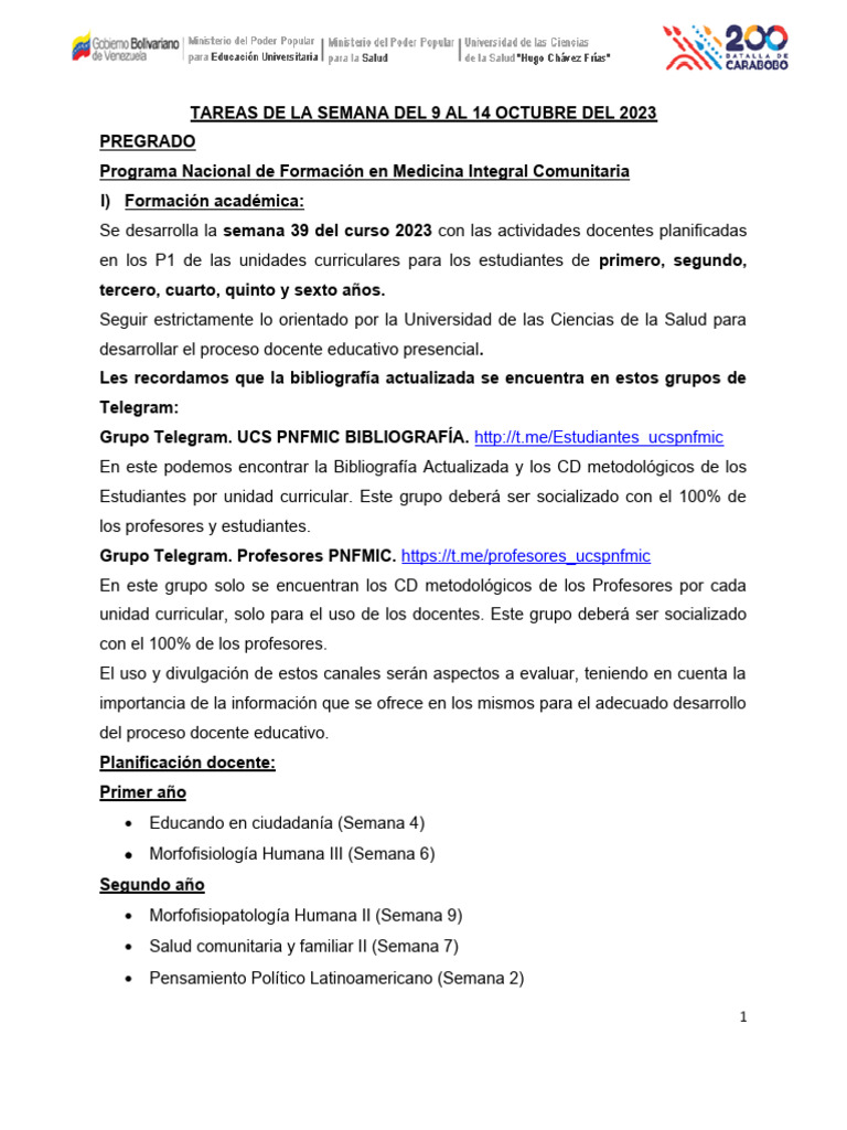 Actividades Docentes del 9 al 14 de Octubre | PDF