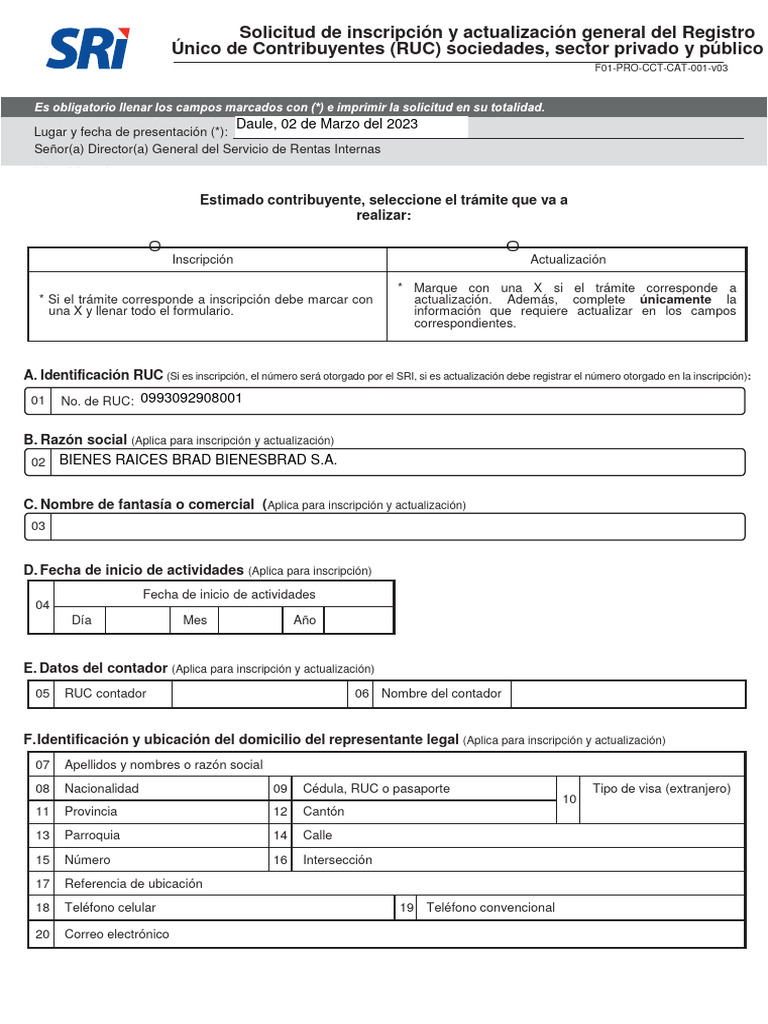 Formulario Inscripcio - N y Actualizacio - N de La Informacio - N Del ...