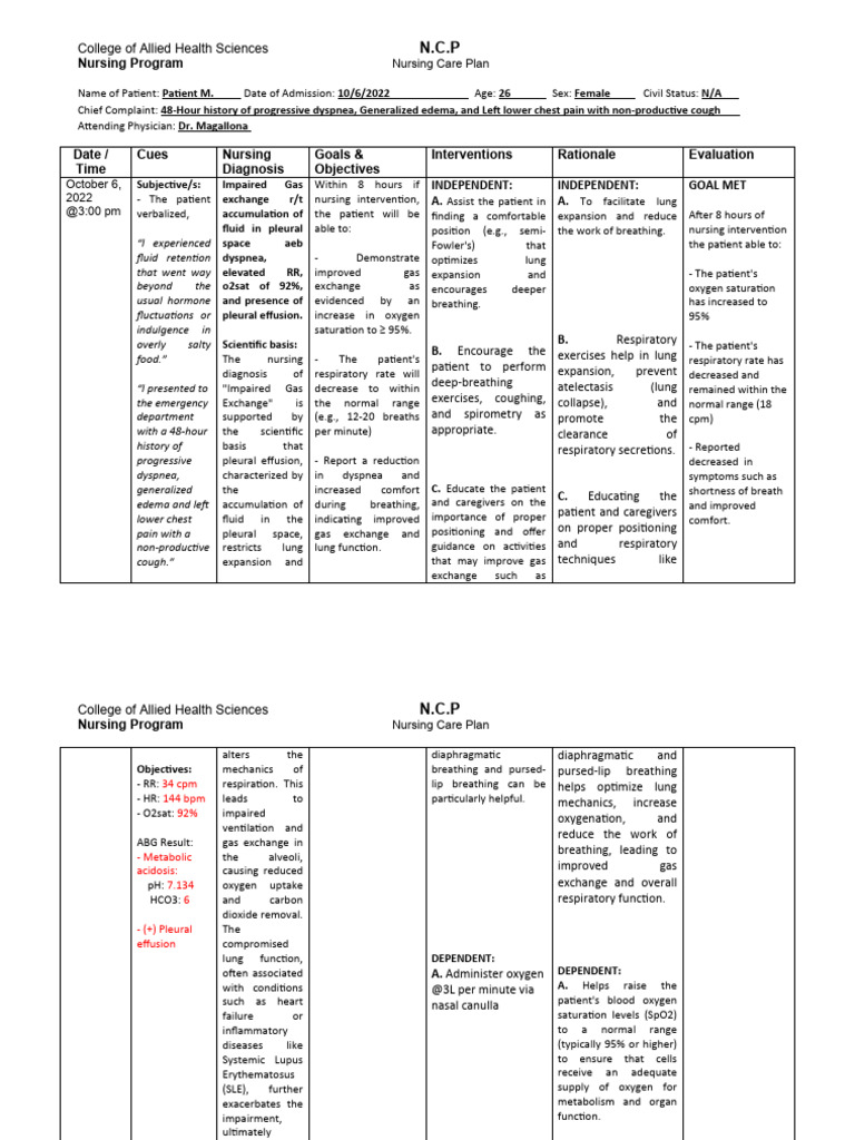 Impaired Gas Exchange NCP PDF Breathing Respiratory System