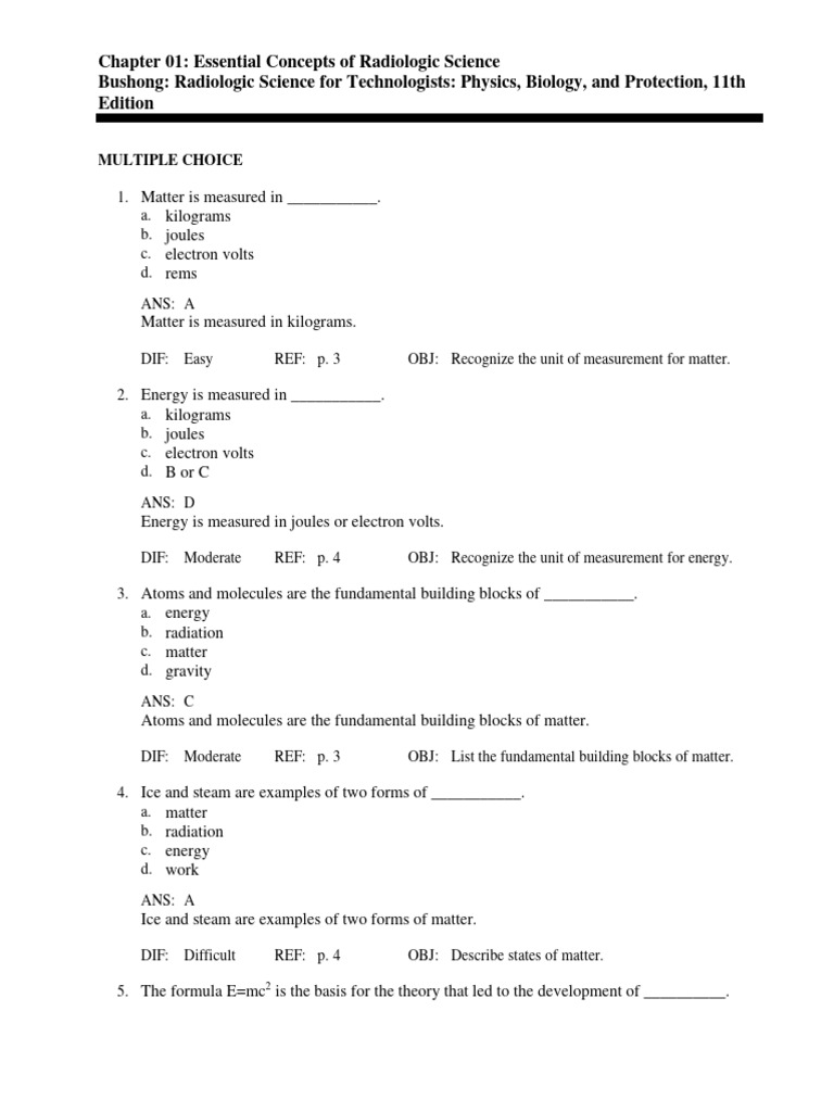 TestBank - ch1 Radiologic Science For Technologist | PDF | Ionizing ...