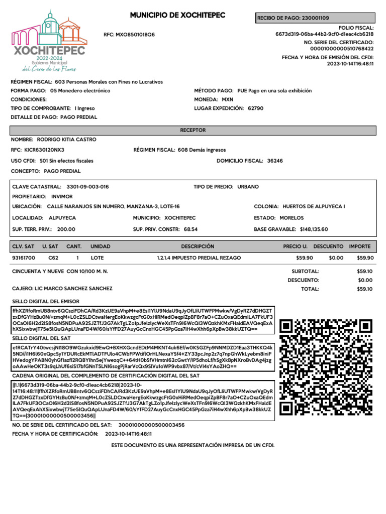 Recibo de Pago de Predial Xochitepec | PDF