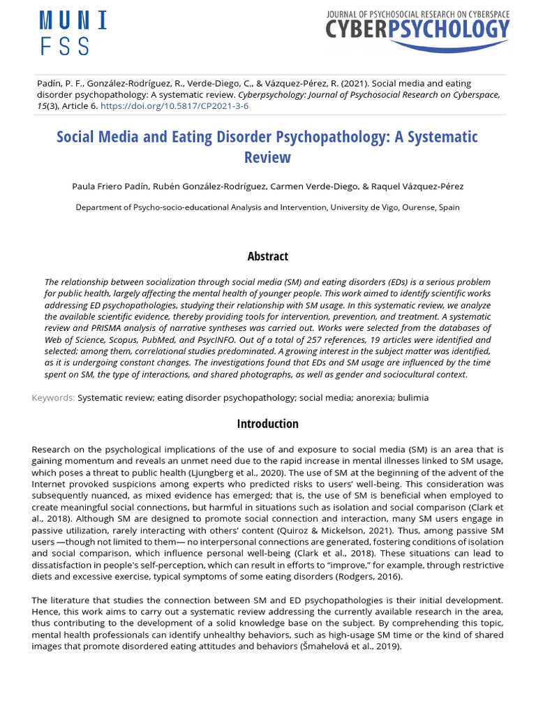 Social Media and Eating Disorder Psychopathology: A Systematic Review ...