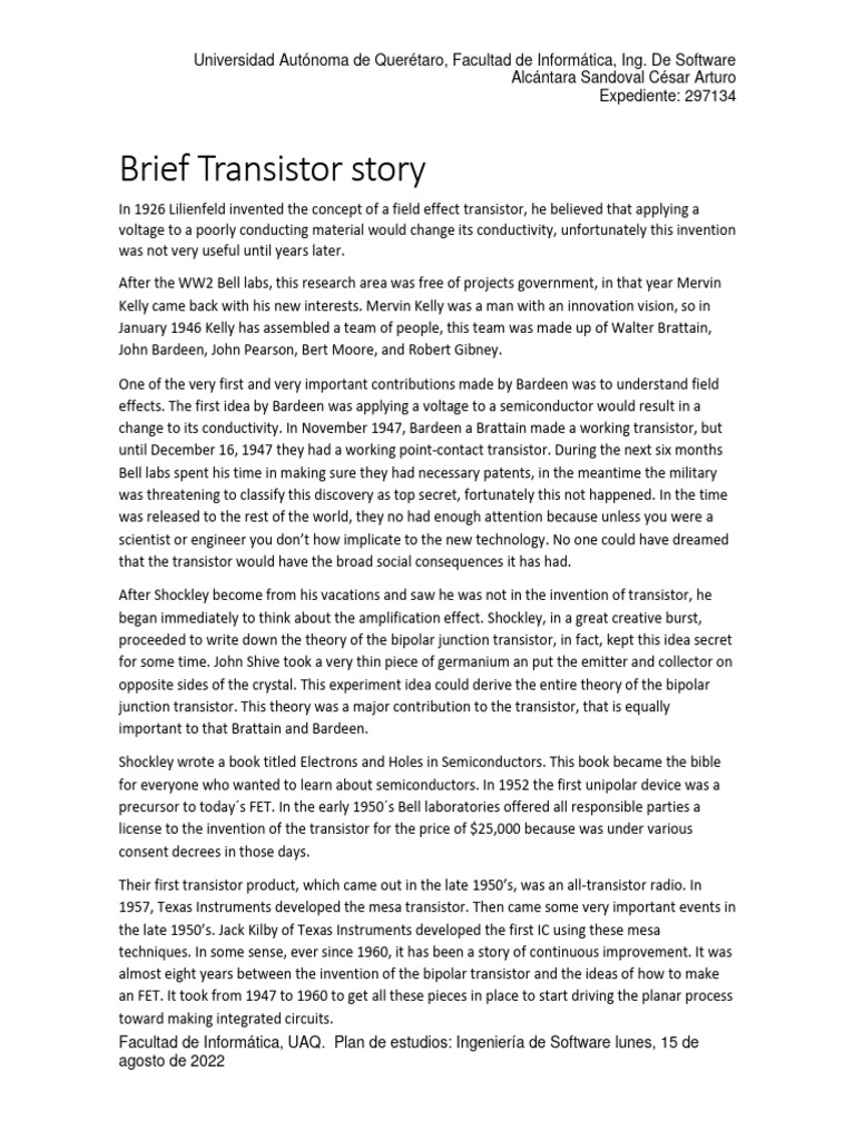 Brief Transistor Story PDF Transistor Field Effect Transistor