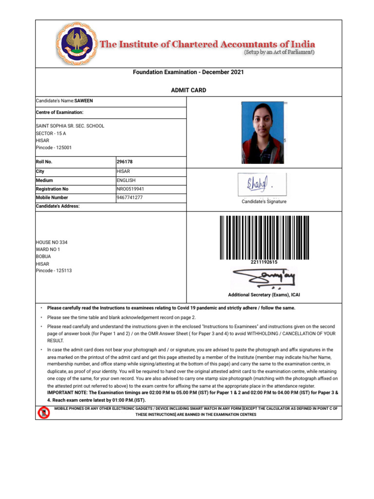 The Institute of Chartered Accountants of India Admit Card PDF Books