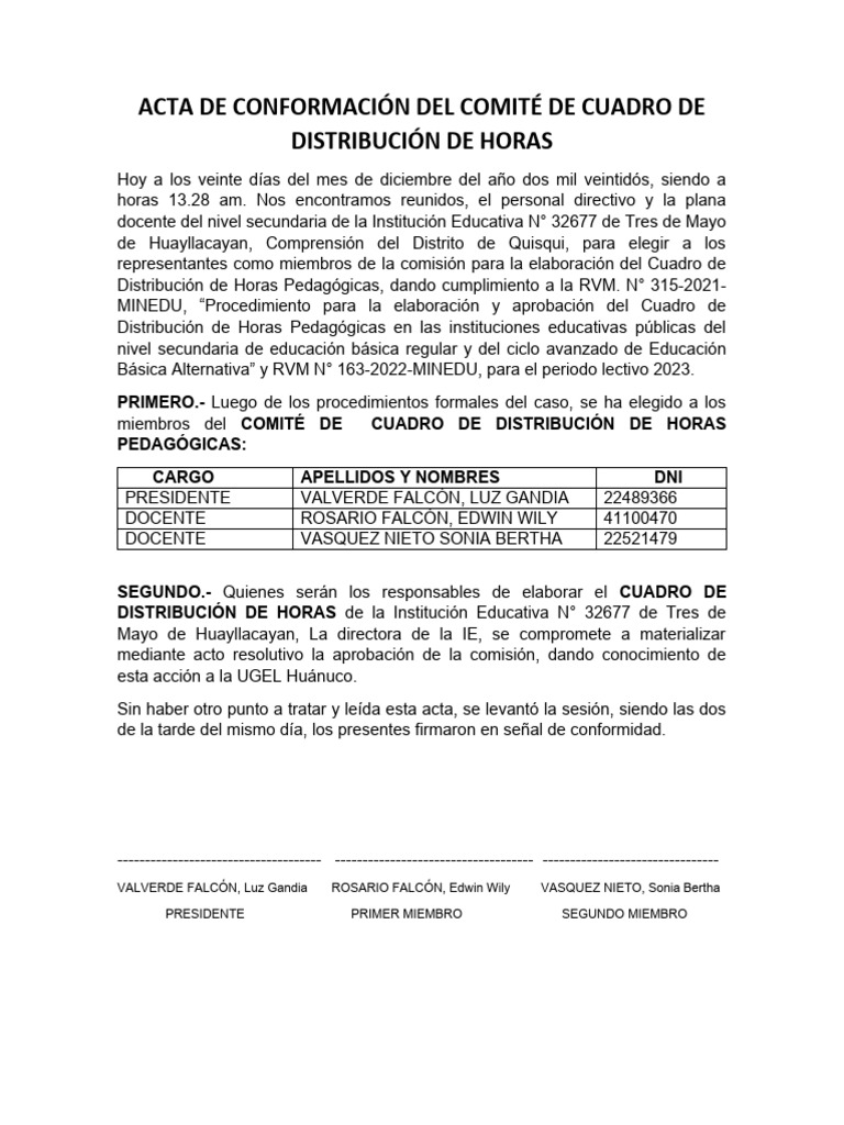 Acta de Conformación Del Comité de Cuadro de Distribución de Horas ...
