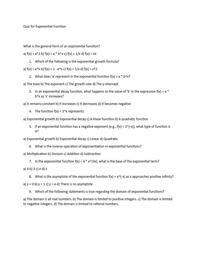 Quiz For Exponential Function | PDF