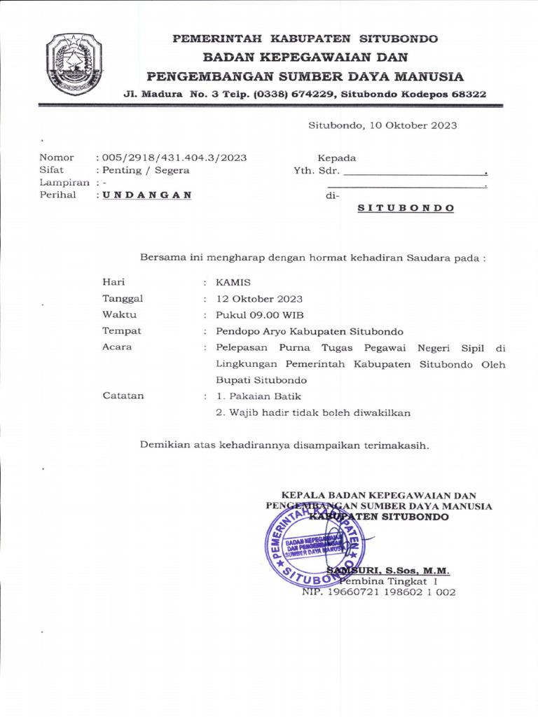 Undangan Penerimaan Sk Pensiun Pdf