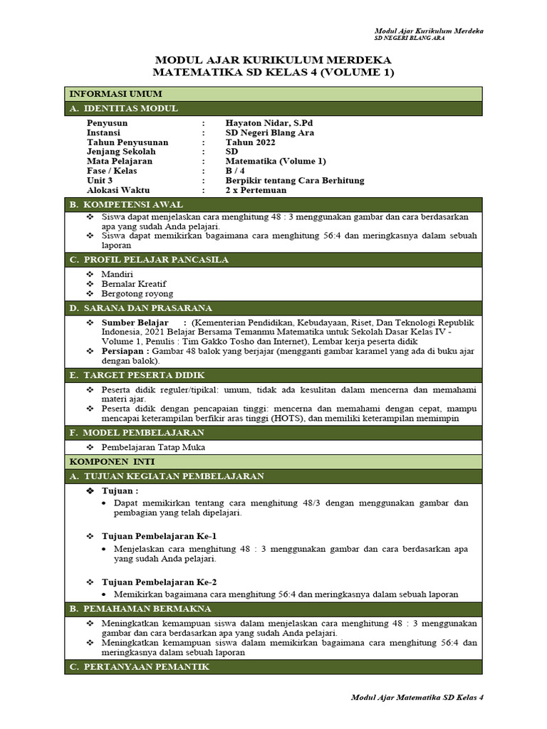 Modul Ajar Matematika Kelas 4 SD | PDF | Karier & Perkembangan