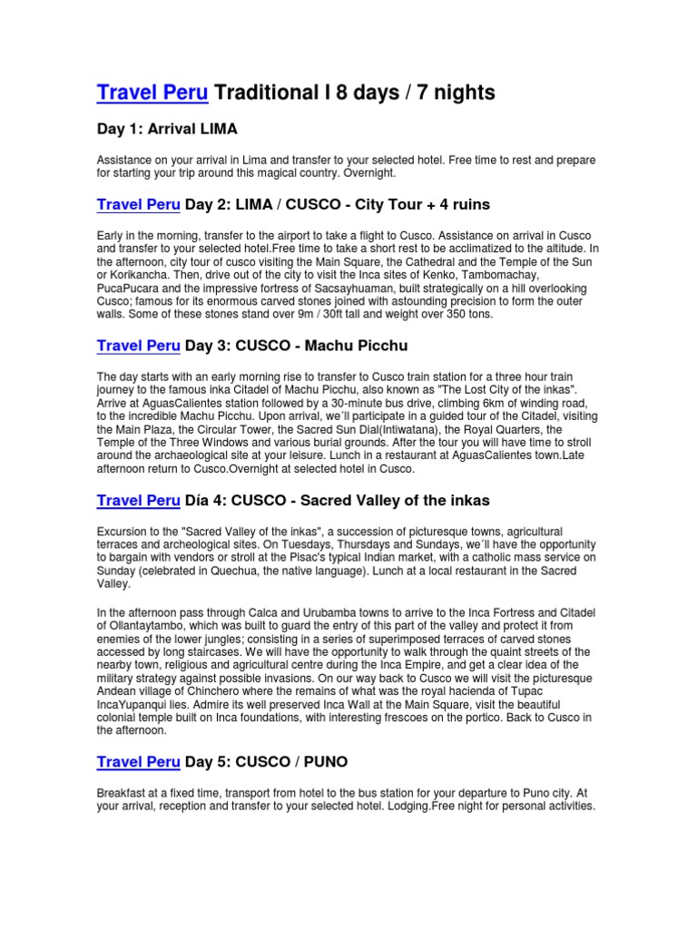 Travel Peru Traditional I 8 Days Ernesto | PDF