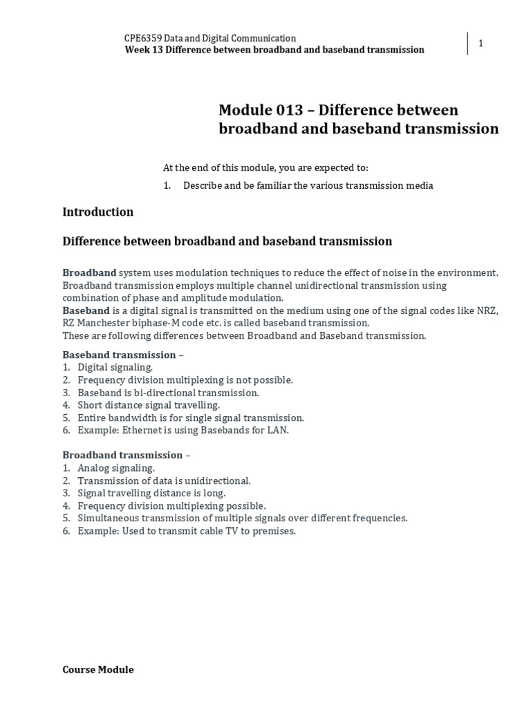 Lesson 13 Difference Between Broadband and Baseband Transmission PDF