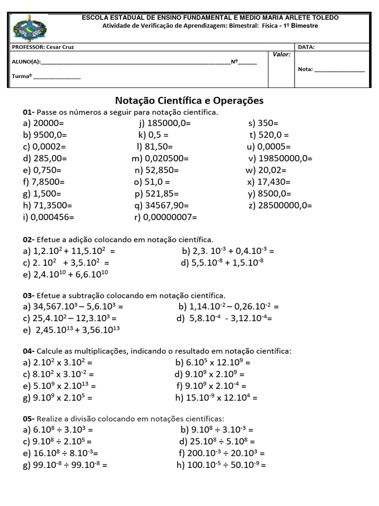 Exercicios Sobre Notacao Cientifica