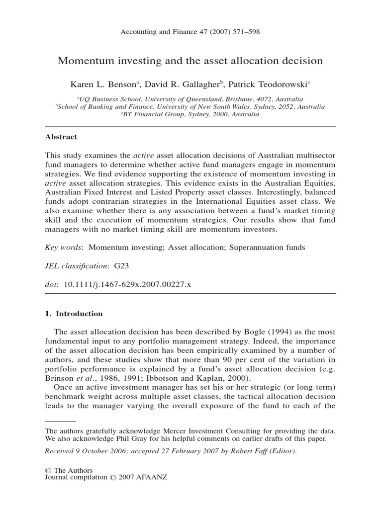 Accounting Finance 2007 Benson Momentum Investing and The Asset