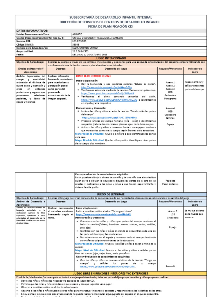 Planificación Del 16 Al 20 Octubre 2023 | PDF | Aprendizaje | Las emociones