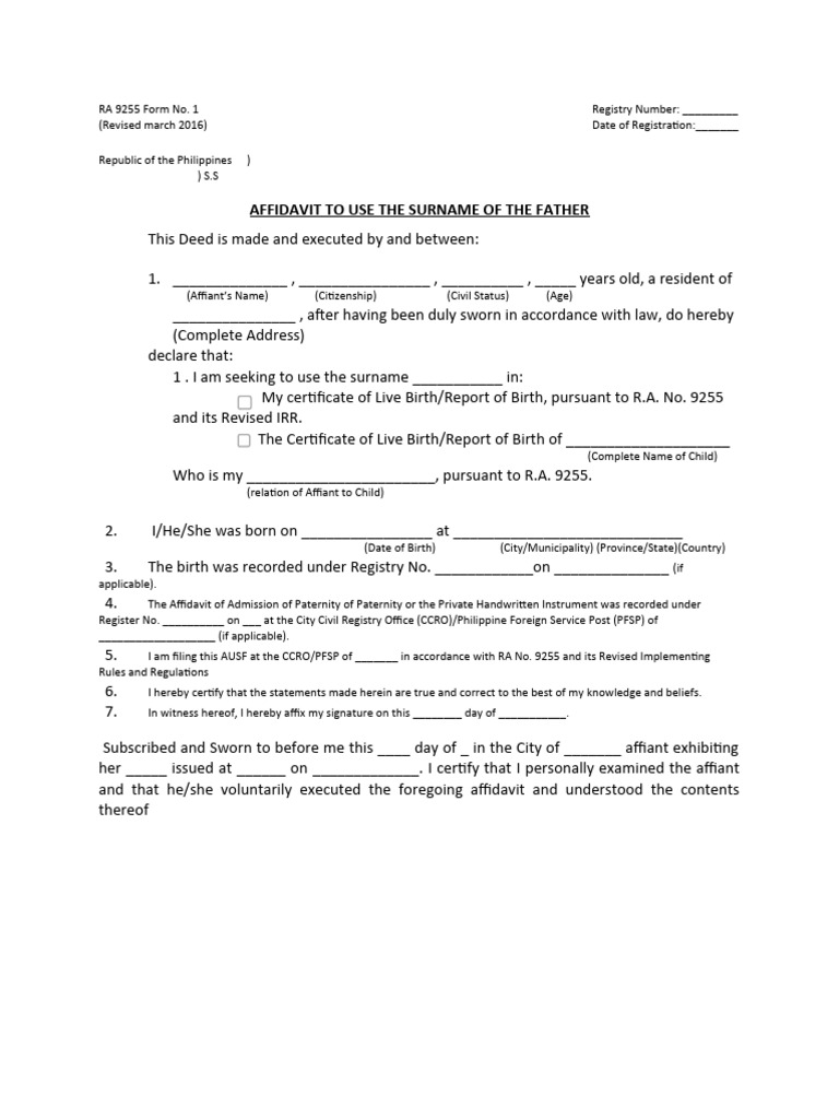 Affidavit To Use The Surname of The Father | PDF | Affidavit ...