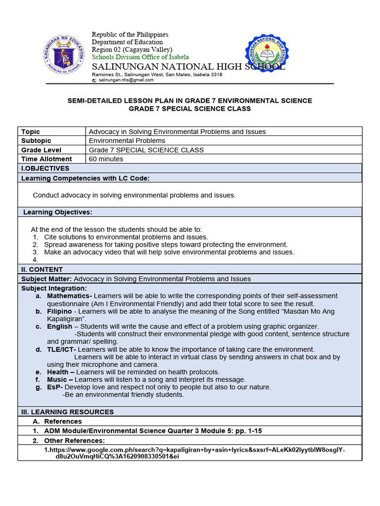 Grade 7 Environmental Advocacy Lesson Plan | PDF | Waste | Learning