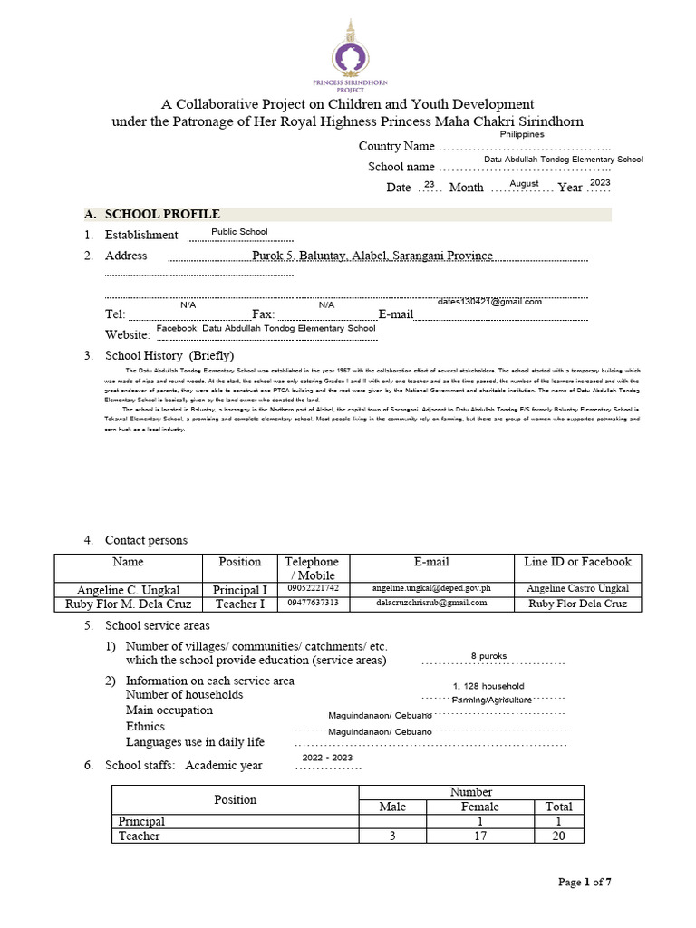2023 School-Information-Form-OPSP - Datu Abdullah Tondog ES | PDF ...
