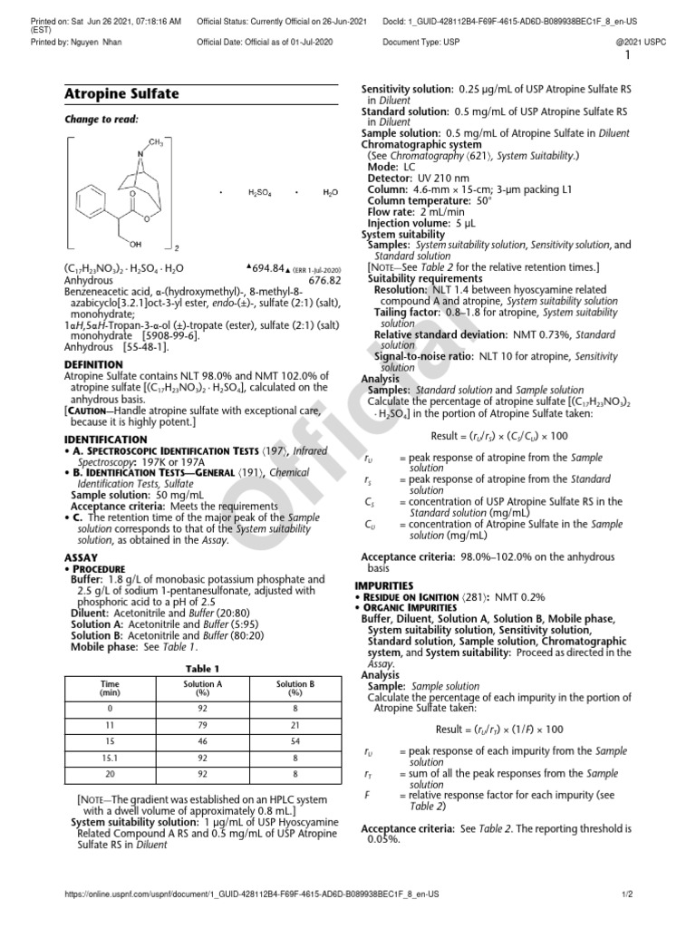 Atropine Sulfate | PDF | Chromatography | Chemistry