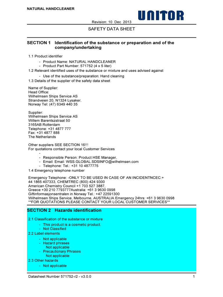 Unitor Natural Hand Cleaner MSDS | PDF | Dangerous Goods | Toxicity