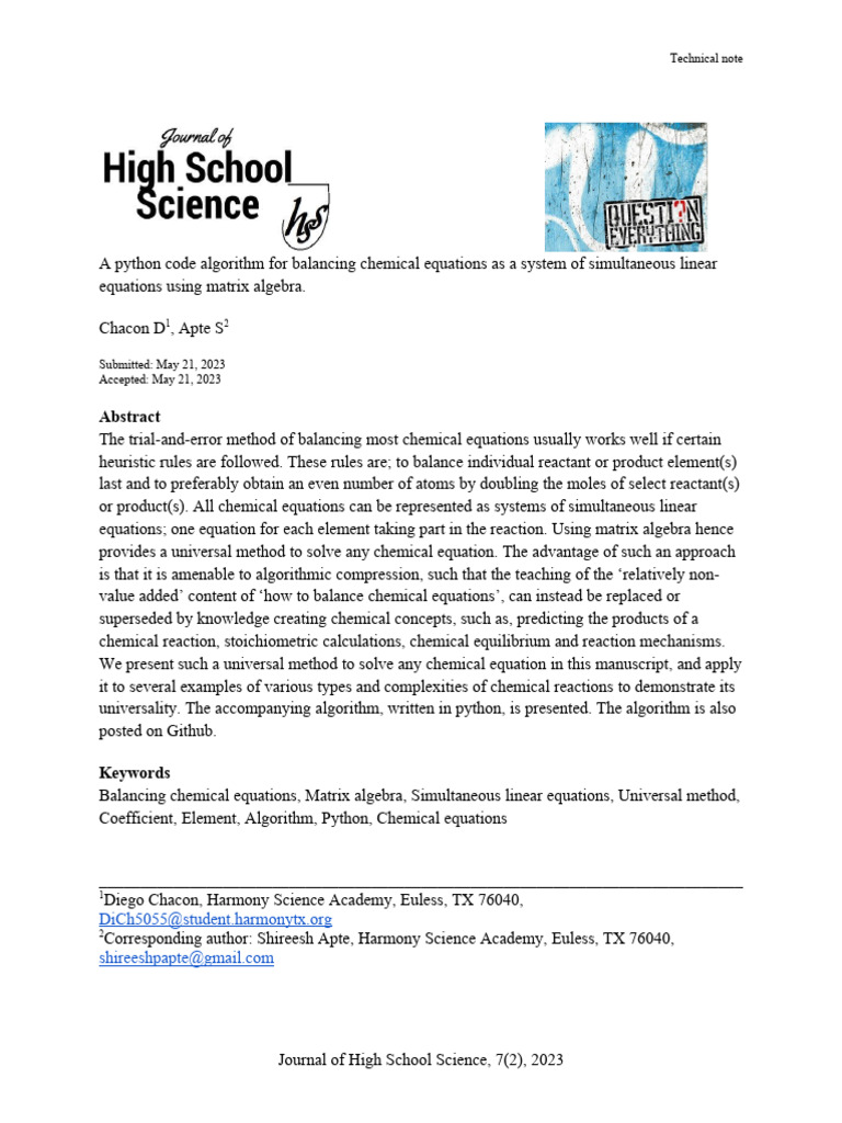 A Python Code Algorithm For Balancing Chemical Equations As A System of ...