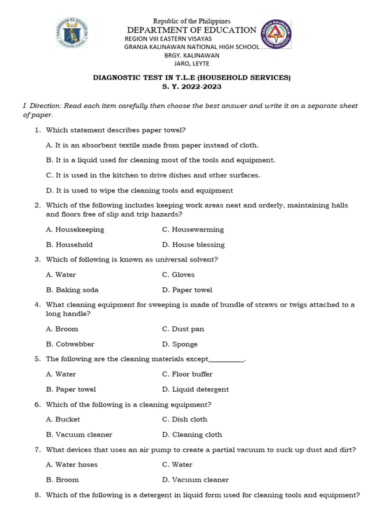 Diagnostic test in household services pdf housekeeping personal