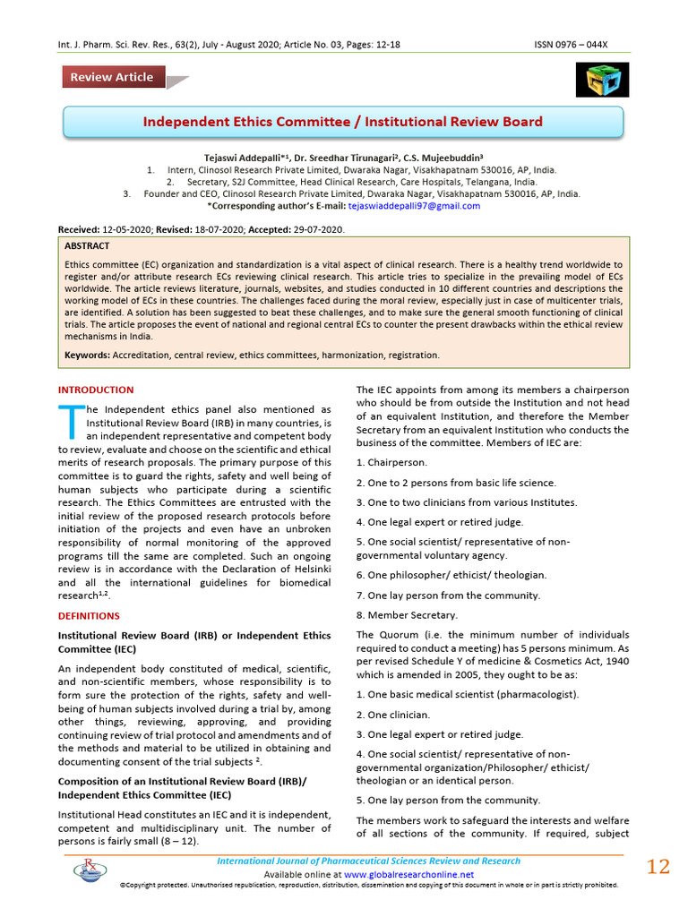 Independent Ethics Committee / Institutional Review Board | PDF ...