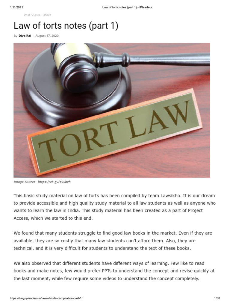 Law of Torts Study Notes Part 1 | PDF | Tort | Damages