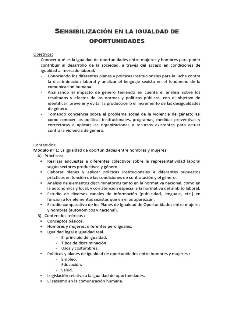 Sensibilización en La Igualdad de Oportunidades | PDF | Estudios de ...