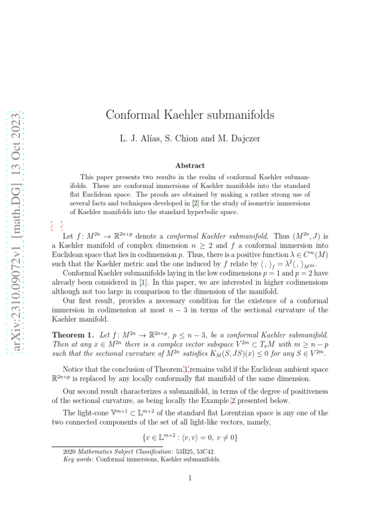 Conformal Kaehler Submanifolds Analysis | PDF | Euclidean Space | Manifold