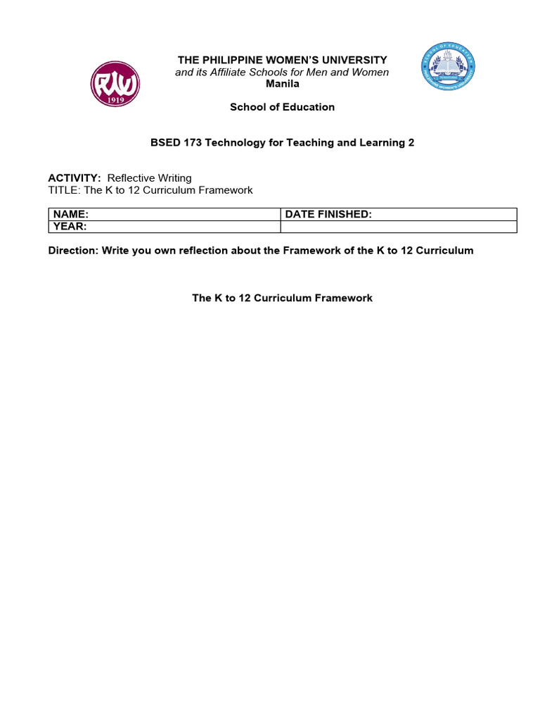 K to 12 Curriculum Framework Reflection | PDF