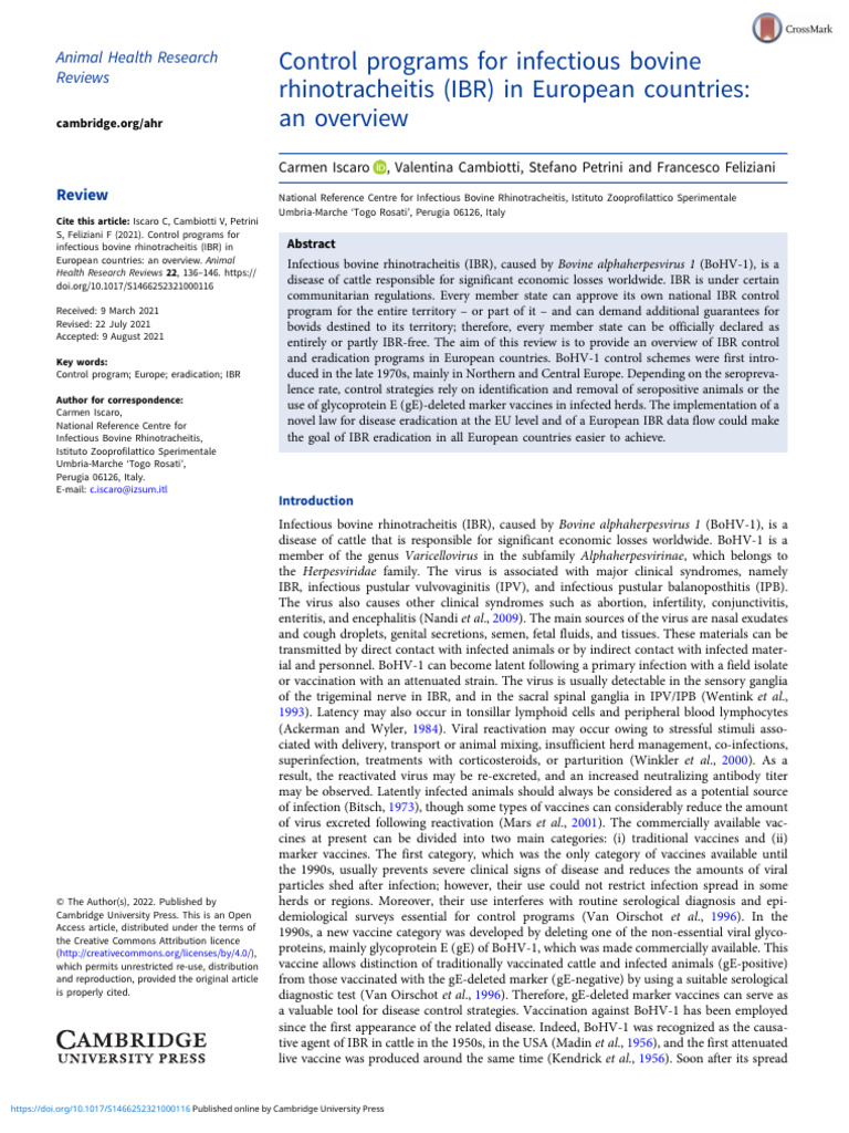 Control Programs For Infectious Bovine Rhinotracheitis Ibr in European