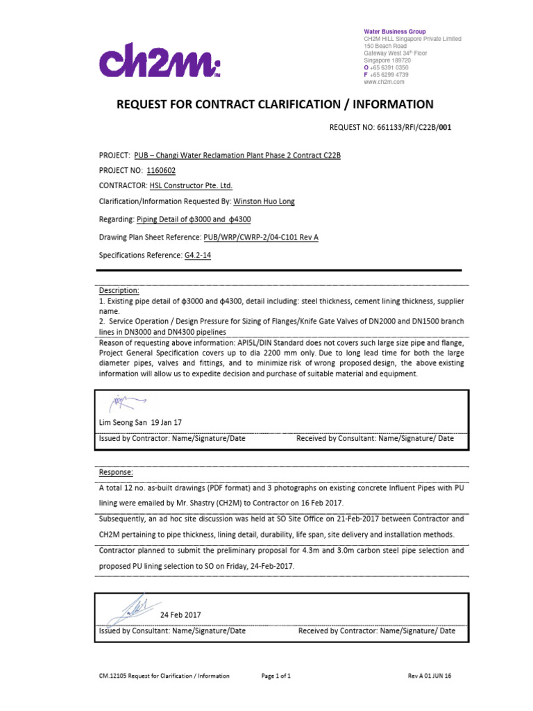 Changi Water Plant RFI on Pipe Details | PDF | Pipe (Fluid Conveyance ...