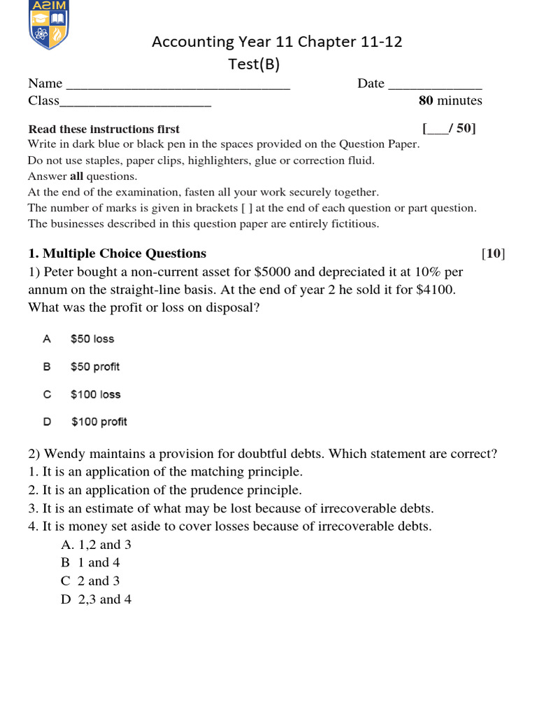Year 11 Accounting Test Chapters 11-12 | PDF | Debits And Credits ...