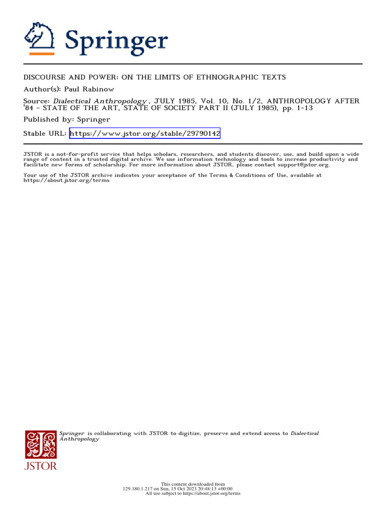 Rabinow DISCOURSEPOWERLIMITS 1985 | PDF | Ethnography | Anthropology