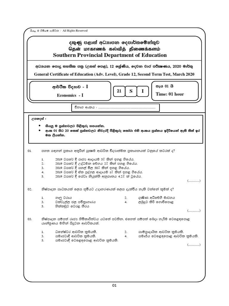 Grade 12 Economics 2nd Term Test 2020 | PDF