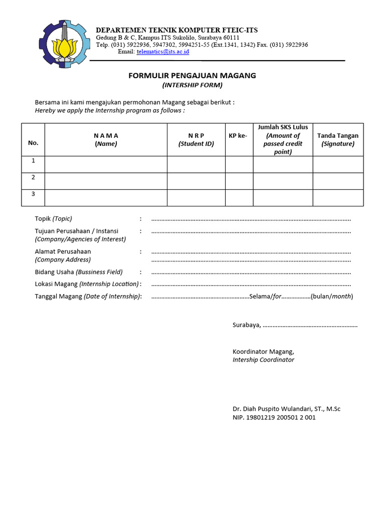 Formulir Pengajuan Magang Teknik Komputer | PDF