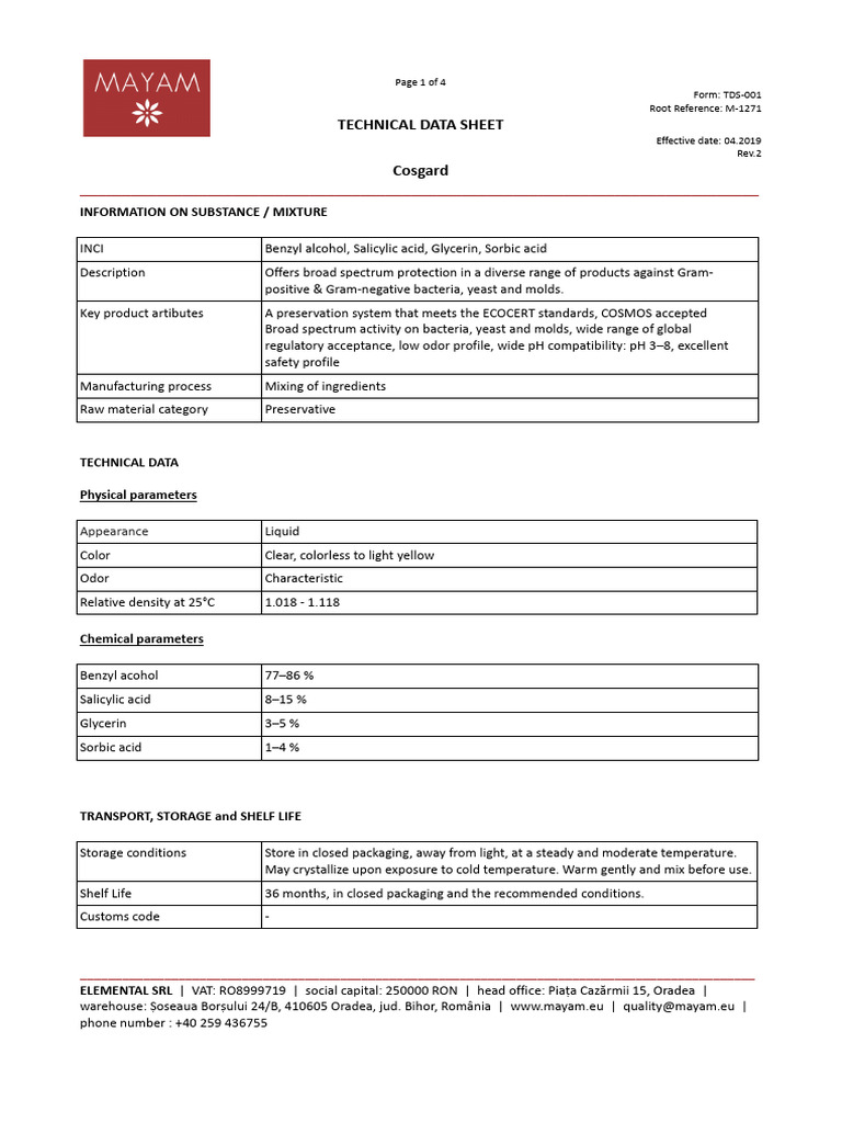 Cosgard Preservative Technical Data Sheet | PDF | Colony Forming Unit ...