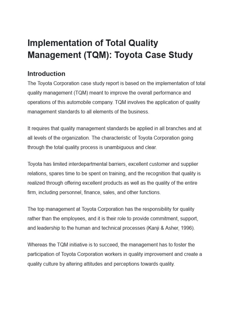 Toyota's TQM Implementation Case Study | PDF | Lean Manufacturing ...