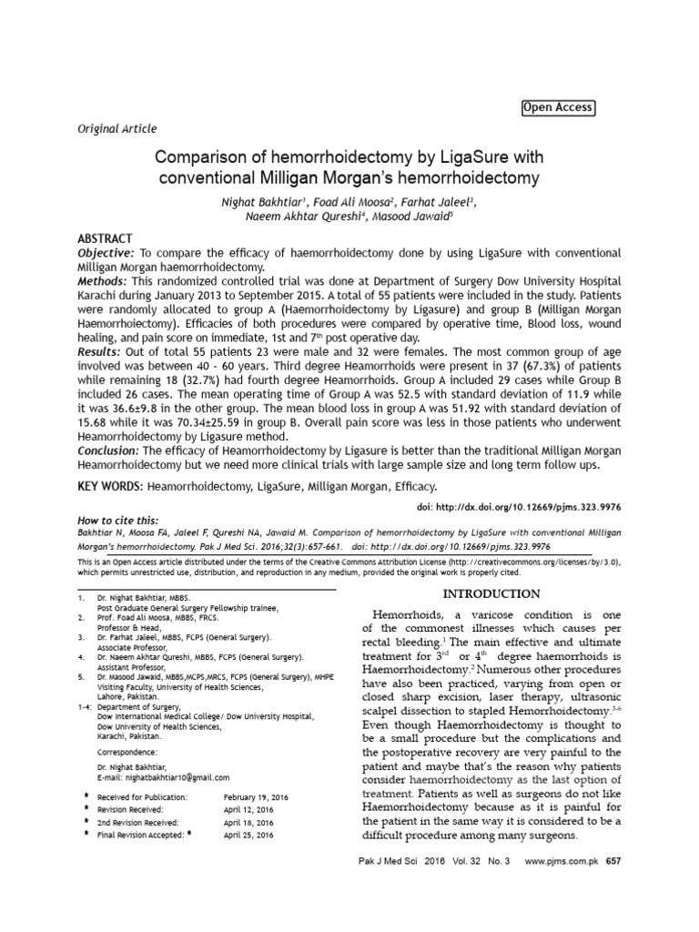 Comparison of Hemorrhoidectomy by Ligasure With Co PDF Surgery