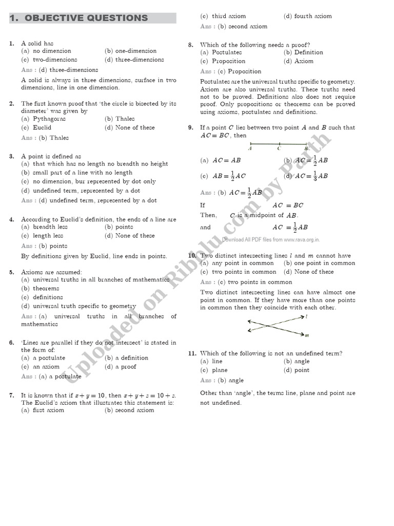 Introduction to euclids geometry maths mcqs with answers pdf axiom